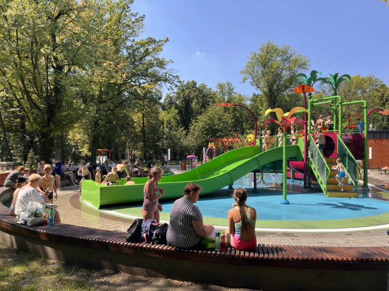 children playing on the water playground